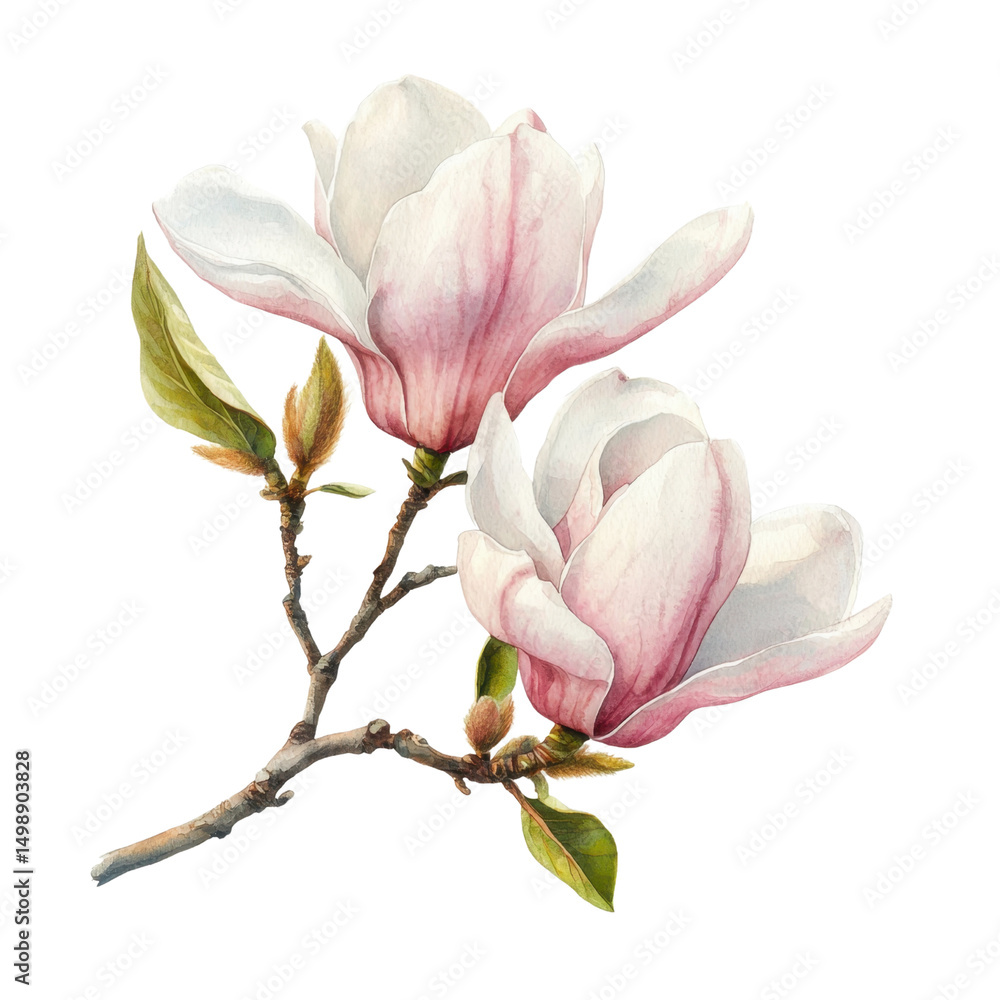 Fototapeta premium Delicate Magnolia Blooms on a Branch with Soft Pink Petals and Green Leaves