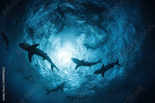 Sharks in blue ocean waters looking up