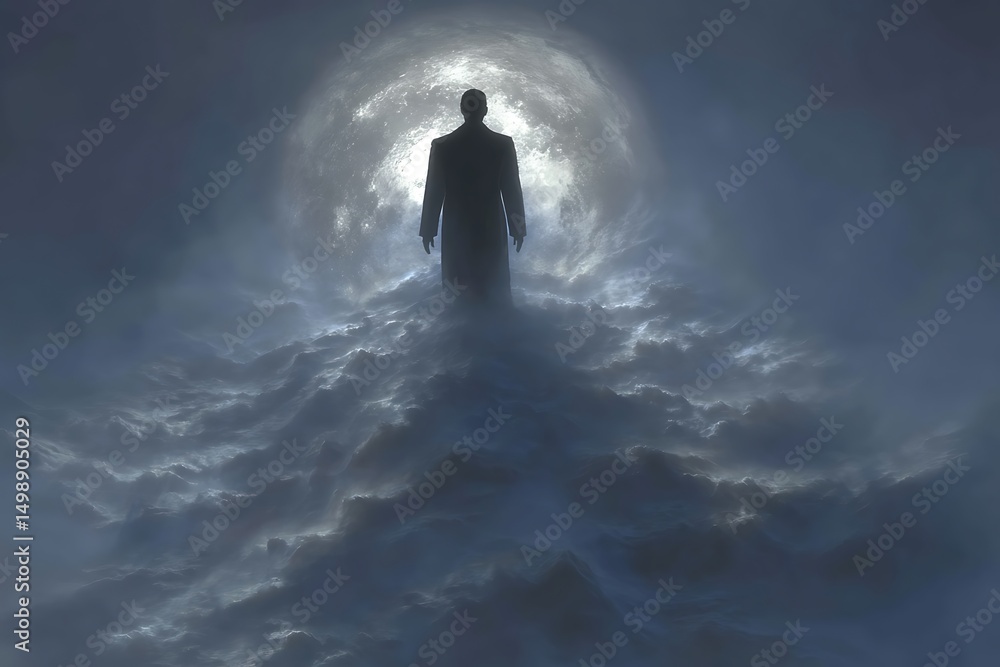 Obraz premium Silhouette of a man in a coat standing against a bright moon amidst swirling dark clouds