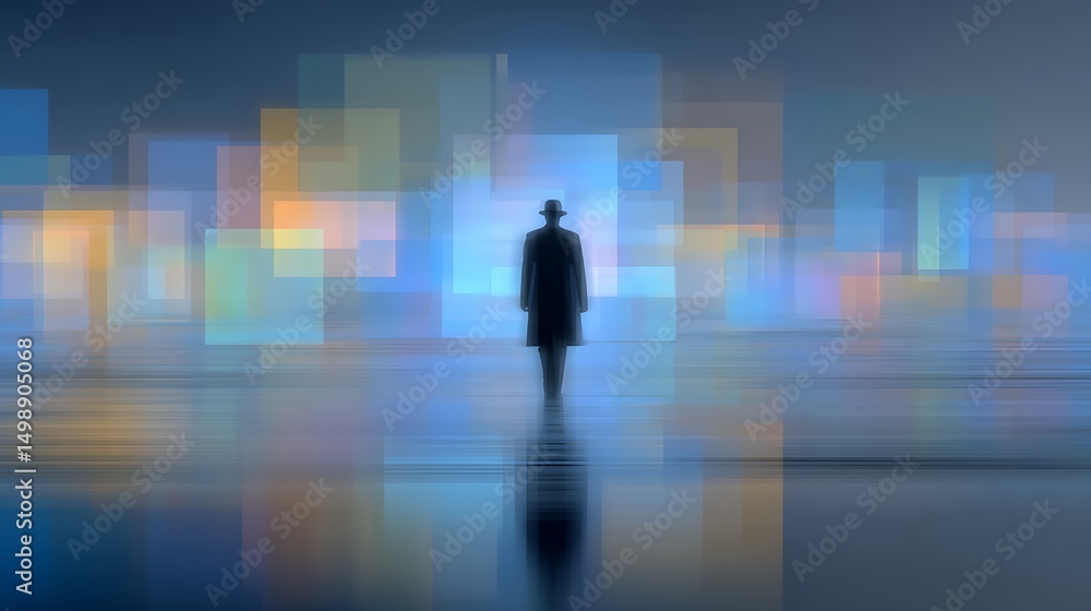 Silhouette of a man in a hat and coat walking through an abstract cityscape at night Silhouette of a man in a hat and coat walking through an abstract cityscape at night
