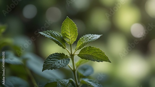 Close up shot of a vibrant green mint plant with a blurred green background in natural light setting


