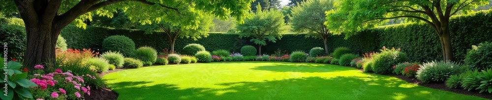 Obraz premium Serene backyard oasis featuring lush green lawn, vibrant flowerbeds, and mature trees providing shade Perfect for relaxation and outdoor living , home garden, outdoor space, spring