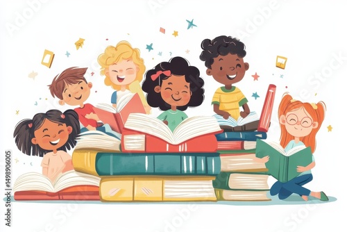 Diverse children celebrate the joy of reading together surrounded by colorful books in a playful and vibrant setting