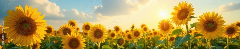 Fototapeta premium Vibrant sunflowers bask in the summer sun, their golden petals reaching towards the sky in a stunning display of natural beauty Perfect for nature, summer, and agriculture themes , bright, plant