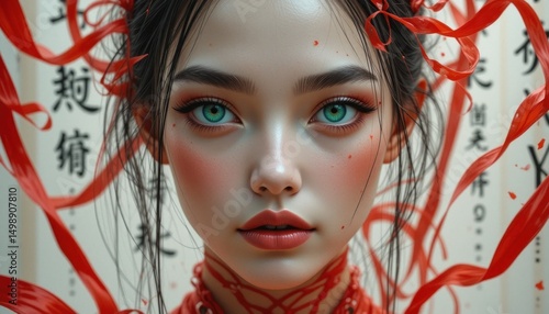 Ethereal Beauty with Striking Blue Eyes and Flowing Red Ribbons