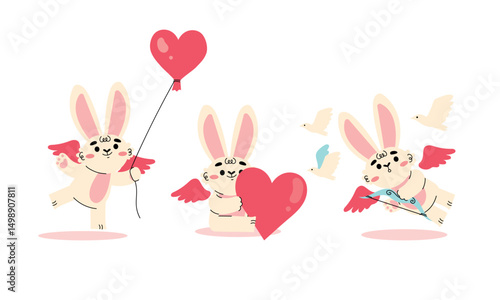 Adorable and Cute Bunnies Holding Hearts and Colorful Balloons for This Valentines Day Celebration