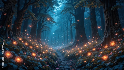 Enchanted Forest with Glowing Lights and Mystical Atmosphere
