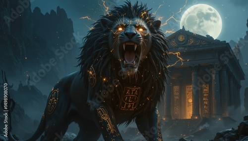 Majestic Lion with Glowing Eyes Amidst Dark Mythical Landscape
