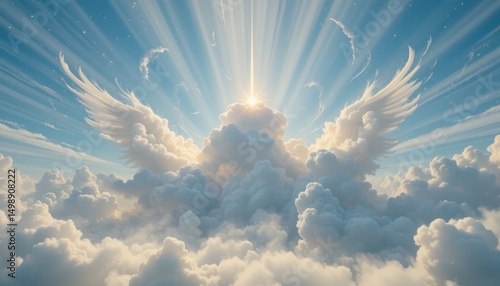 Ethereal Cloud Formation with Rays of Light and Angelic Wings
