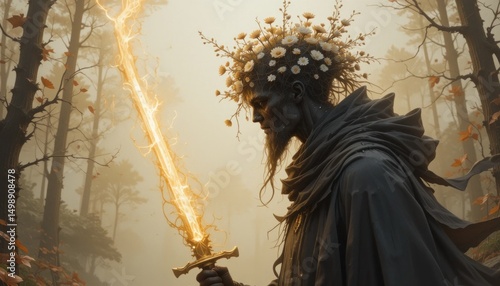 Mysterious Warrior with Floral Crown and Glowing Sword in Forest