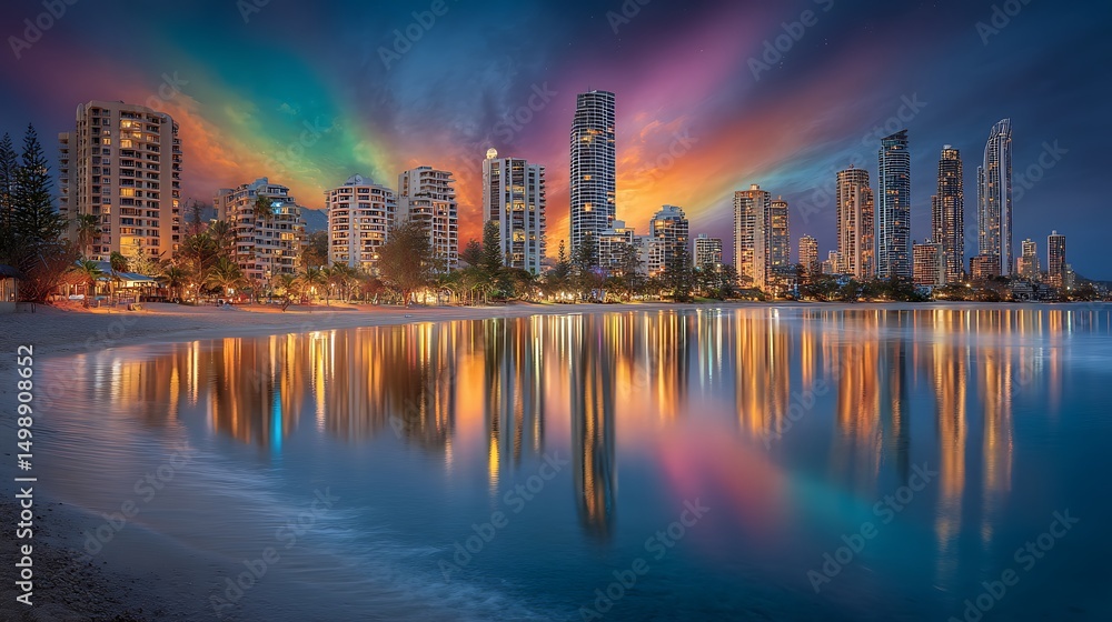 Stunning cityscape of Gold Coast Australia at night with vibrant reflections in the water Stunning cityscape of Gold Coast Australia at night with vibrant reflections in the water