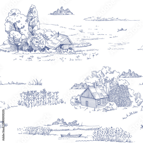 Seamless landscapes. Toile design in blue tones.