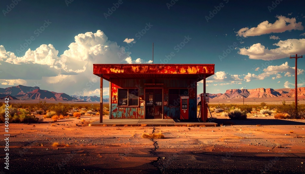 Naklejka premium Abandoned old gas station on asphalt desert road