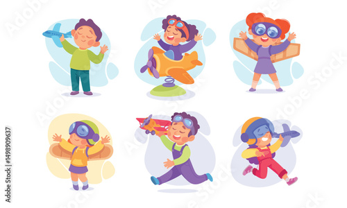 Joyful Kids are Enthusiastically Playing with Colorful Toy Planes and Dressed Up like Pilots