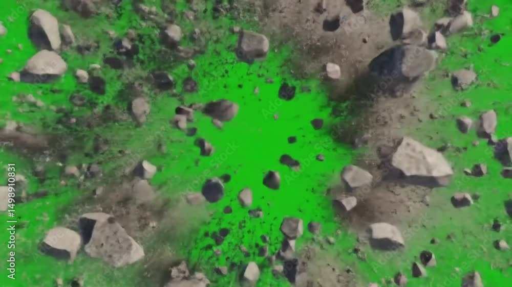 Top-down impact blast with radial shockwave and debris flying outward on a green screen. Designed for destruction scenes, meteor strikes, or dynamic intro animations.

