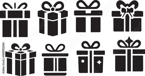 Collection of Silhouette  vector Black Gift Boxes set with Ribbons