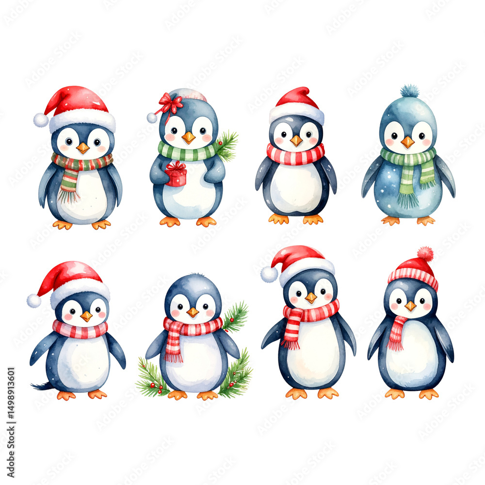 Fototapeta premium Anpassbare Vektor-Cartoons von einem hübschen Pinguin mit Chapeau und Foulard für eine lustige Weihnachts- und Wintersaison Feier