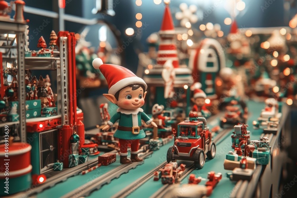Obraz premium Christmas elves work diligently in a modern toy workshop filled with festive decorations and busy scenes of holiday preparations in December