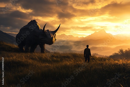 A person stands before a dinosaur in a dramatic sunset landscape.