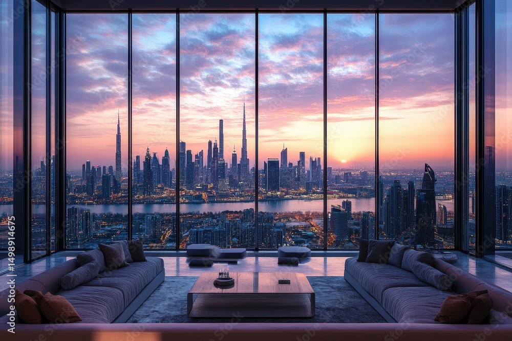 Fototapeta premium Skyline view from a modern interior showcasing the vibrant hues of sunset over the city skyline with stunning architecture and serene ambiance