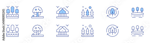 Forest icon set in two styles, Duotone and Thin Line style. Editable stroke. forest, apple tree, reforestation, nature, lake