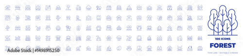 100 Forest Icons Collection. Thin line icon. Editable stroke. lake, landscape, tree, lanscape, mountain, trees, sequoia, dry tree, garden, apple tree, rainforest, wildfire
