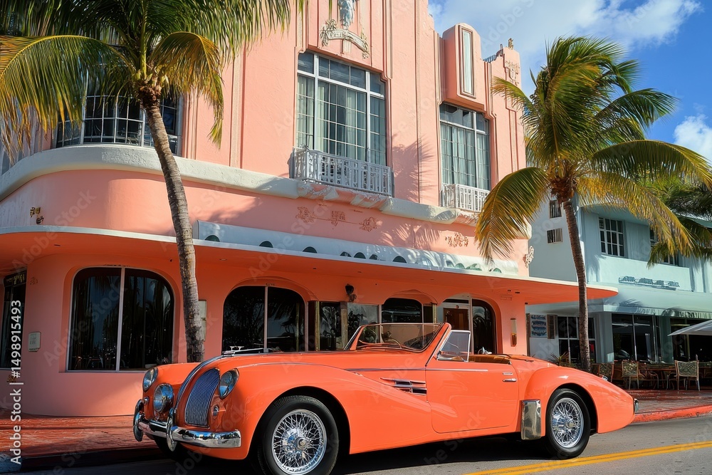 Fototapeta premium Classic coral sports car parked elegantly in front of vintage art deco building during bright sunny day in vibrant coastal city