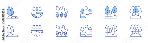 Forest icon set in two styles, Duotone and Thin Line style. Editable stroke. hill, landscape, forest, wildfire