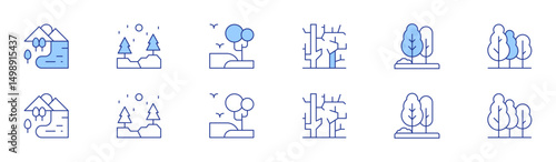 Forest icon set in two styles, Duotone and Thin Line style. Editable stroke. lake, dry tree, forest, tree, wood