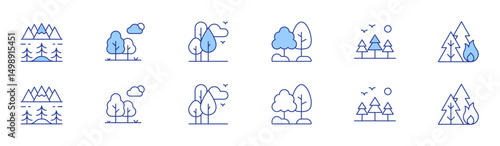 Forest icon set in two styles, Duotone and Thin Line style. Editable stroke. lanscape, forest, trees, nature, forest fire