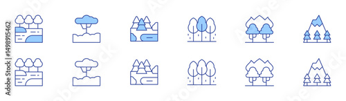 Forest icon set in two styles, Duotone and Thin Line style. Editable stroke. lake, forest, tree, wildfire, mountain