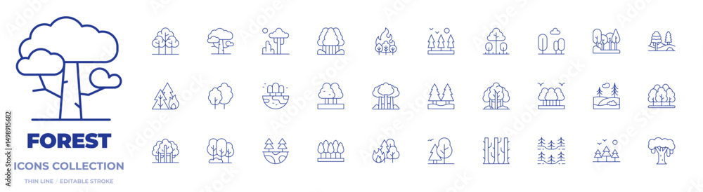 Forest icons collection. Thin Line icons, editable stroke. forest, forest fire, trees, ecology, woodland, earth, wildfire, field, tree Forest icons collection. Thin Line icons, editable stroke. forest, forest fire, trees, ecology, woodland, earth, wildfire, field, tree