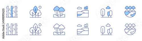 Forest icon set in two styles, Duotone and Thin Line style. Editable stroke. woodland, landscape, nature, forest, rainforest