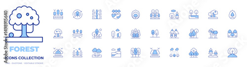 Forest icons collection. Line Duotone style, editable stroke. forest, woodland, landscape, wildfire, tree, trees, apple tree, reforestation, nature, forest fire, lake, rainforest, mountain