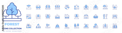 Forest icons collection. Line Duotone style, editable stroke. lake, forest, rainforest, hill, landscape, trees, tree, wildfire, mountain, forest fire