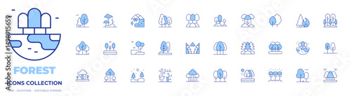 Forest icons collection. Line Duotone style, editable stroke. forest, tree, trees, lake, dry tree, garden, forest fire, earth, wood, rainforest