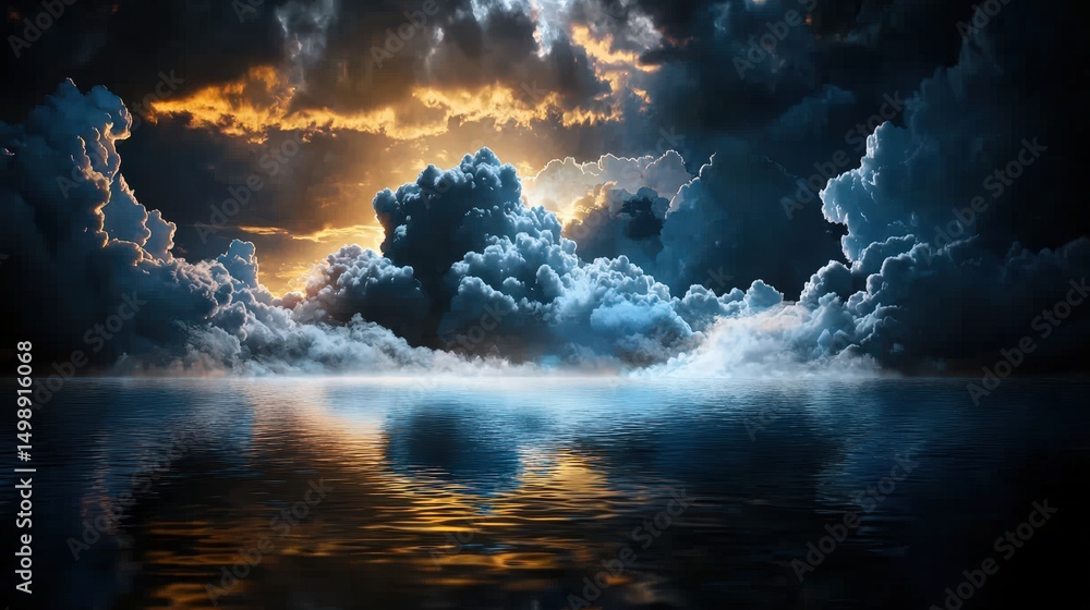 Fototapeta premium Dramatic cloud formation over serene water body at sunset nature scene atmospheric landscape photography