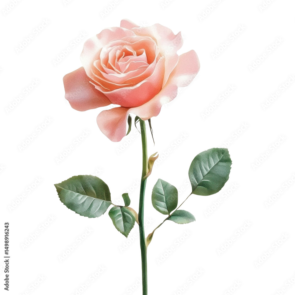 Fototapeta premium Elegant Pink Rose on Stem with Lush Green Leaves Isolated on White