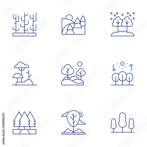 Forest icons set. Thin Line style, editable stroke. trees, photosynthesis, tree, forest fire, forest, landscape