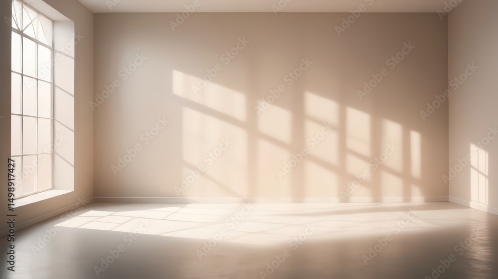 Fototapeta premium An empty room with sunlight streaming through a window onto the floor and walls, creating interesting shadows