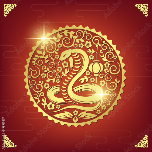 Chinese New Year  Banner, Golden snake on red background, symbolizing luck in the Year of the Snake. Vector Illustration