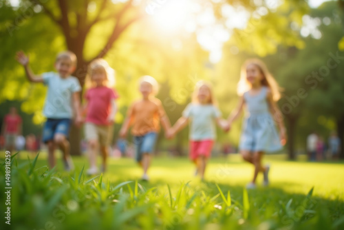 blur image of kids playing in the park with bokeh for background usage. AI