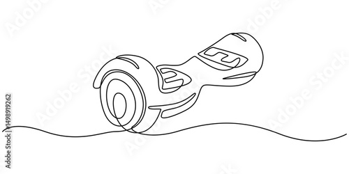 Disegno hoverboard continuous one line drawing, Gyroboard, gyroscooter one line art. Continuous line drawing of sport, transportation, speed, balance, electric, roller, hobby, mobile, teenager.