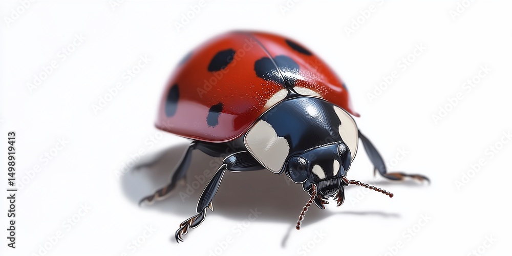 Fototapeta premium Detailed close-up of a red ladybug with black spots on a plain white background