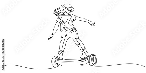 Electric Transport with Woman Character Ride Hoverboard Vector Illustration continuous one line drawing, Line Art Illustration: Young Woman on a Self-Balancing Scooter.
