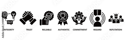 Credibility icon set vector illustration concept with integrity, trust, reliable, authentic, commitment, regard, and reputation icon