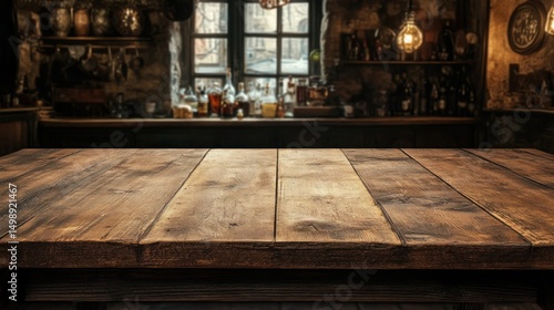 Rustic wooden tabletop against a backdrop of an old-fashioned bar or tavern