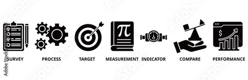 Benchmarking icon set illustration contain survey, process, target, measurement, indicator, compare and performance.
