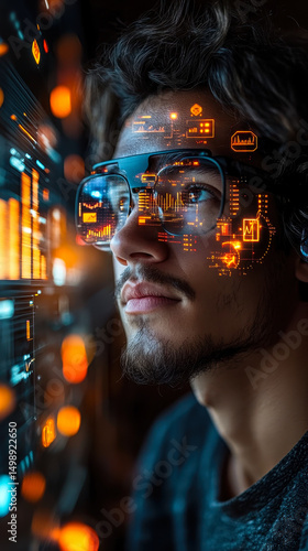 Neobank User Interacts with Financial Data through AR Headset with Floating Graphs