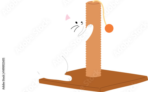 cute white cat scratching at cat scratcher illustration